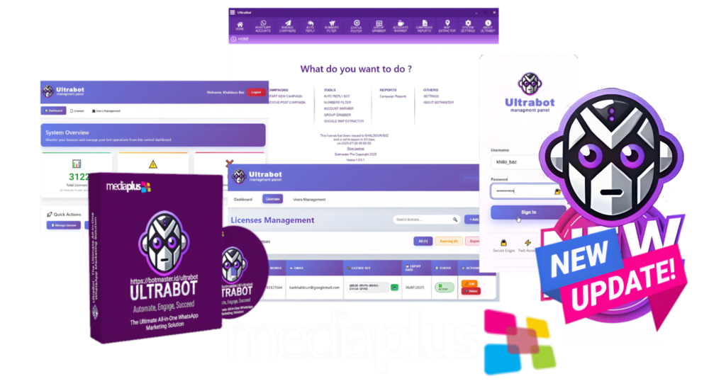 Ultrabot dashboard showing powerful all in one WhatsApp marketing features