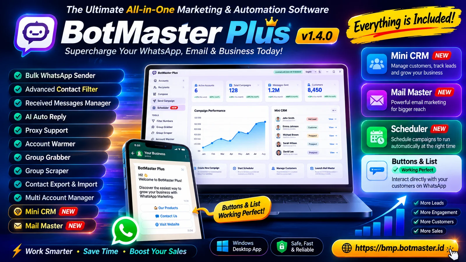 BotMaster WhatsApp Marketing Software dashboard with bulk messaging, automation, AI & chatbot, number extractor, multi-account management, Mini CRM, Email Marketing, Mail Master and lead generation tools for business growth.